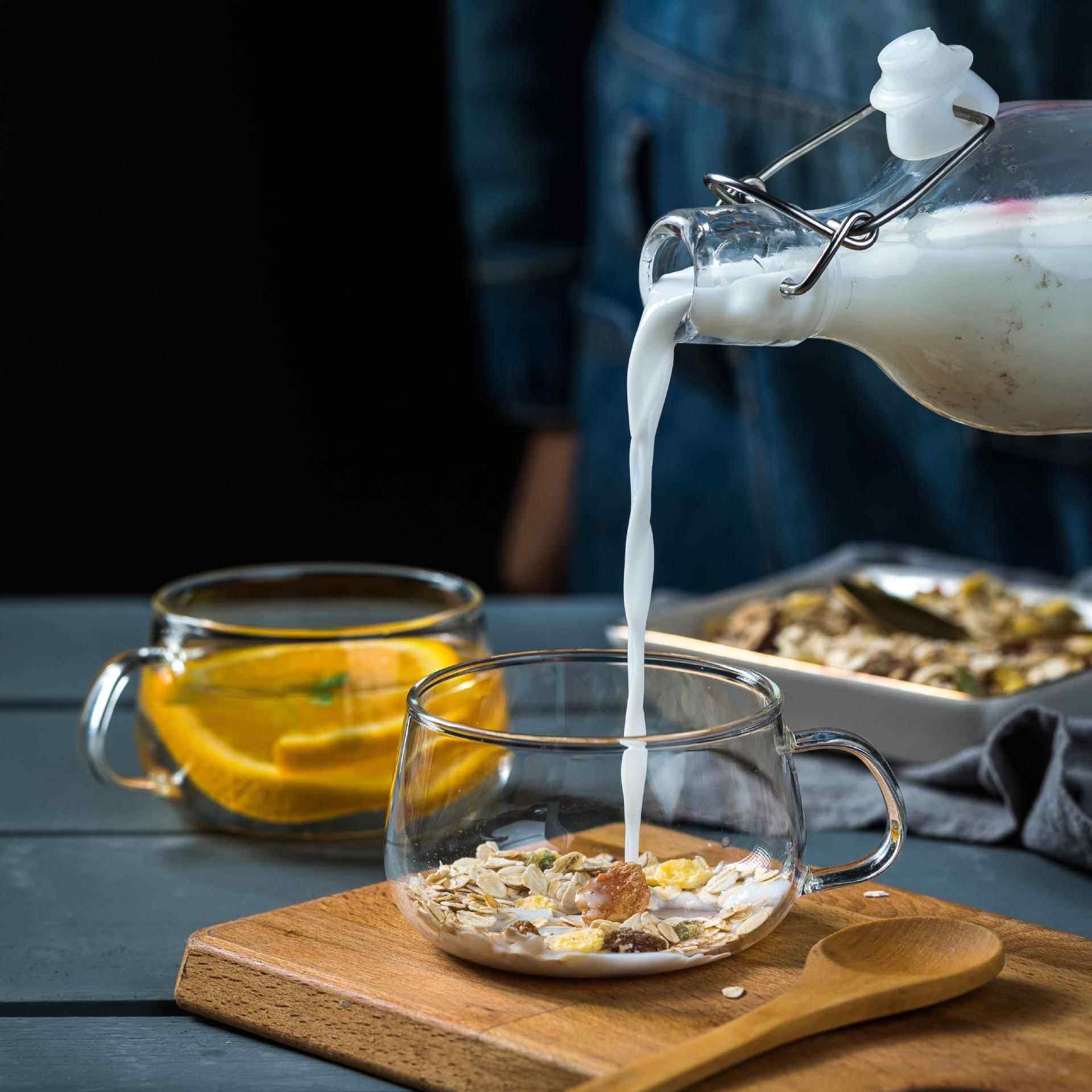 耐热玻璃杯家用耐高温可加热咖啡牛奶茶杯200ml可爱果汁带盖杯子