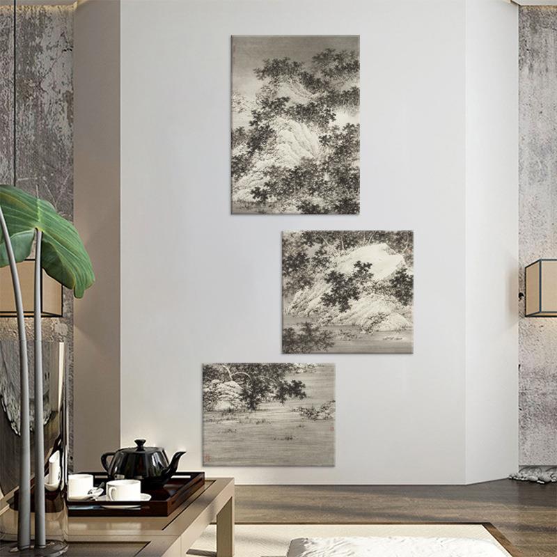 松林寒山 新中式入户玄关组合画酒店大堂多联山水挂画水墨茶室画