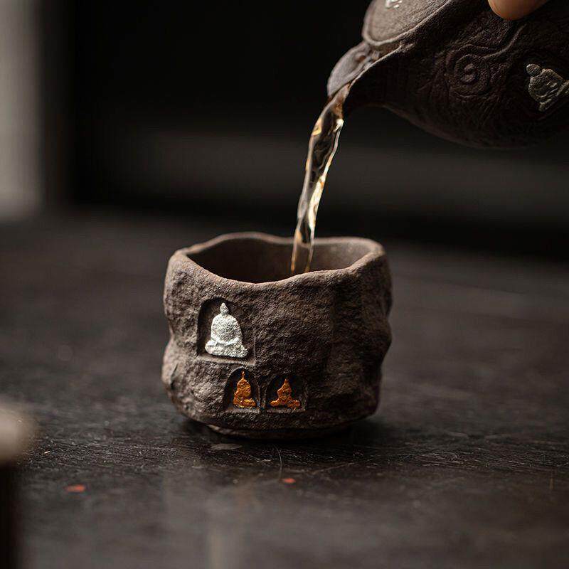 主人杯茶杯复古黑陶敦煌杯粗陶浮雕老岩泥手工鎏银品茗杯喝茶单杯