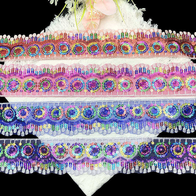 俊拓新款刺绣亮片民族风网纱彩色珠片条码服装辅料花边10码一条长,居家布艺,花边,淘宝优惠券,粉丝福利购,淘宝优惠卷