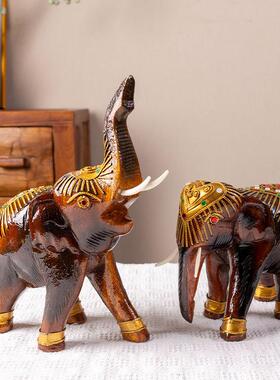 泰国整木雕刻大象摆件实木大象客厅桌面摆设玄关博古架电视柜装饰