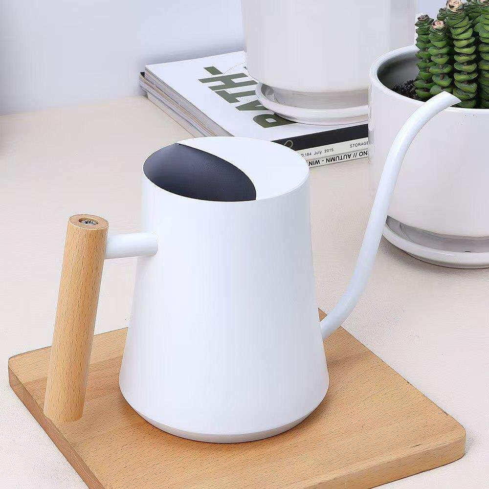 不锈钢浇花水壶小型金属白色洒水壶复古室内木柄长嘴喷壶1000ML