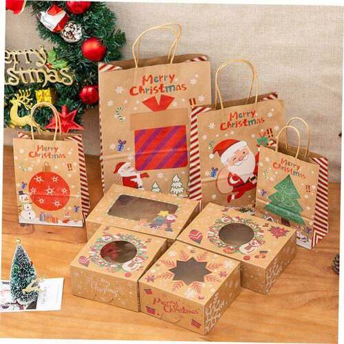 Christmas Paper Gift Bag Kraft Handle Santa packing box