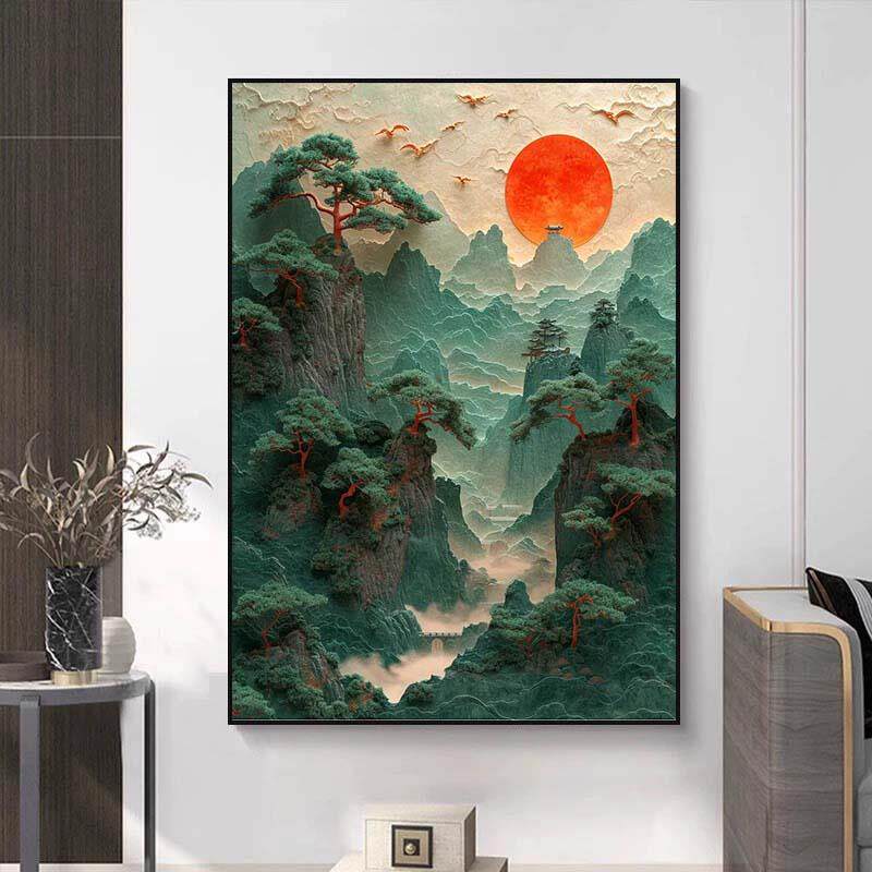 新中式山水装饰画国风画风景艺术壁画入门玄关挂画太阳悬挂家庭画