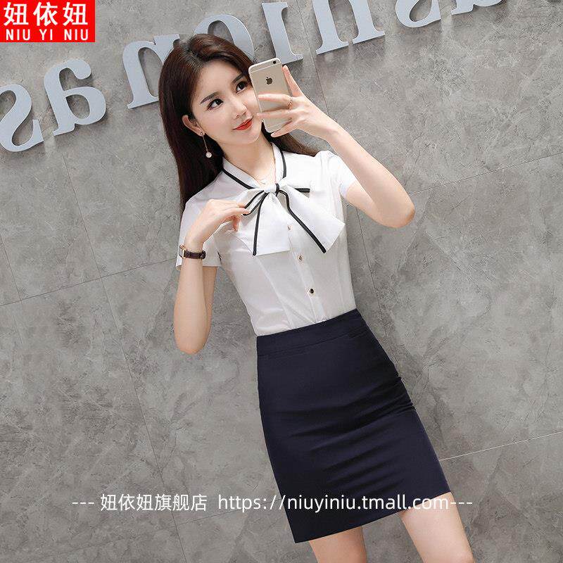 职业白色衬衫女短袖2025新款夏季时尚蝴蝶结衬衣OL工作服雪纺上衣
