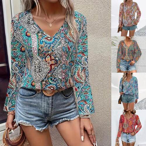 Women's Boho shirt with Paisley print collar long sleeved