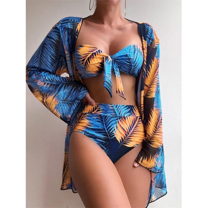 Swimsuit three piece set with tropical plants for women
