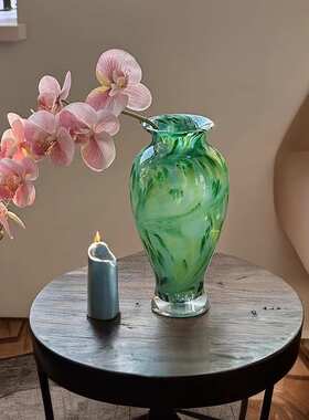 绿色珠光玻璃花瓶高级感琉璃花器客厅桌面插花水养装饰摆件中古