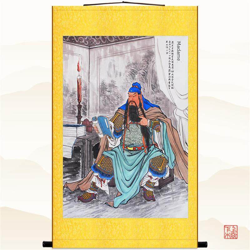 关公夜读春秋图画像挂画 关公关圣帝君书房客厅装饰画 卷轴丝绸画