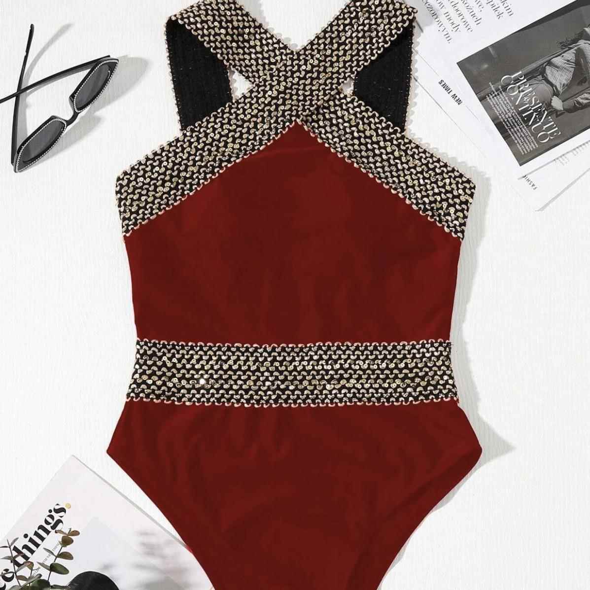 women for swimsuit one-piece ribbon sequined Sexy
