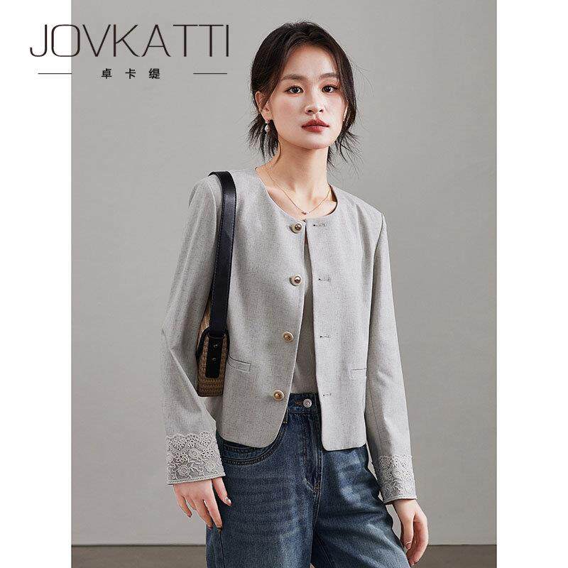 JOVKATTI春季新款优雅气质蕾丝花边袖口上衣修身显瘦圆领短外套女