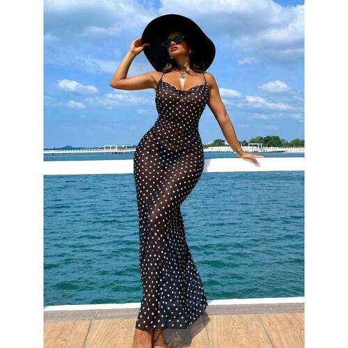 S 62281 Sheer polka dot halter maxi dress 网纱波点挂脖长裙
