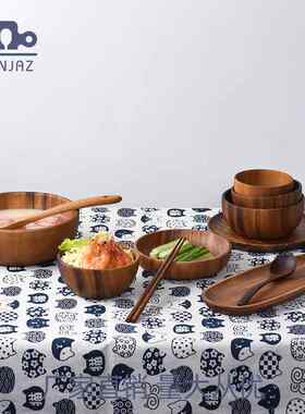 CHENJAZ日式高颜值木质餐具套装家用碗碟精致一人食盘子碗4件套