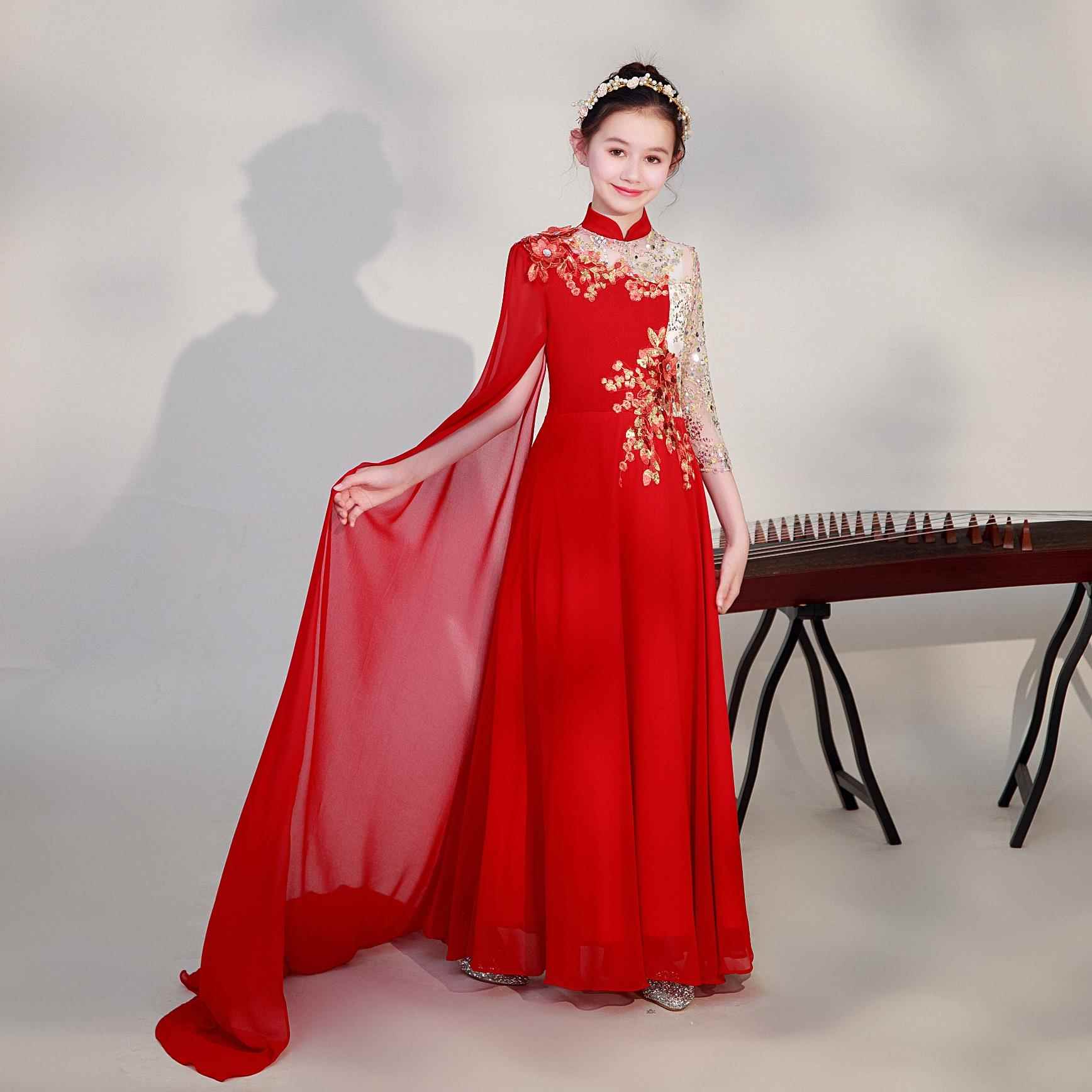 高档2024出款中国新风女童弹奏古筝演服儿童民乐演礼服主持人大合