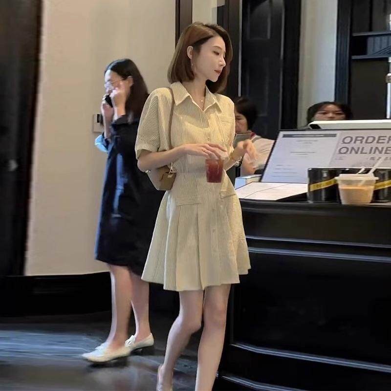 FAshi 2025夏季新款法式高级感小香风短裙子条纹Polo衬衫式洋装女