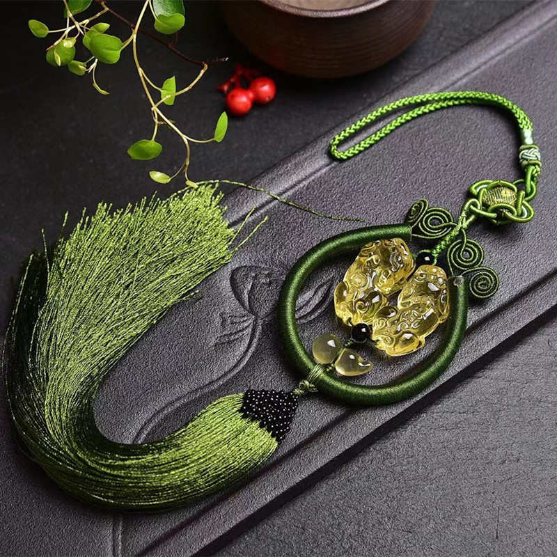 精美时尚柠檬黄水晶双貔貅车挂饰品 白水晶貔貅手工流苏车内挂件
