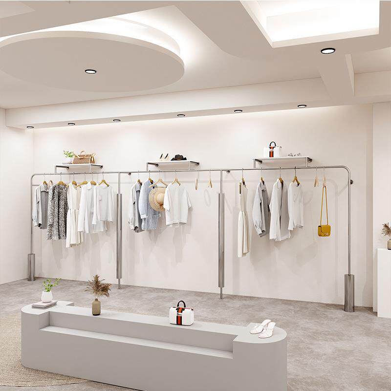 服装店展示架女装货架陈列架男童装不锈钢银色拉丝货架上墙挂衣杆