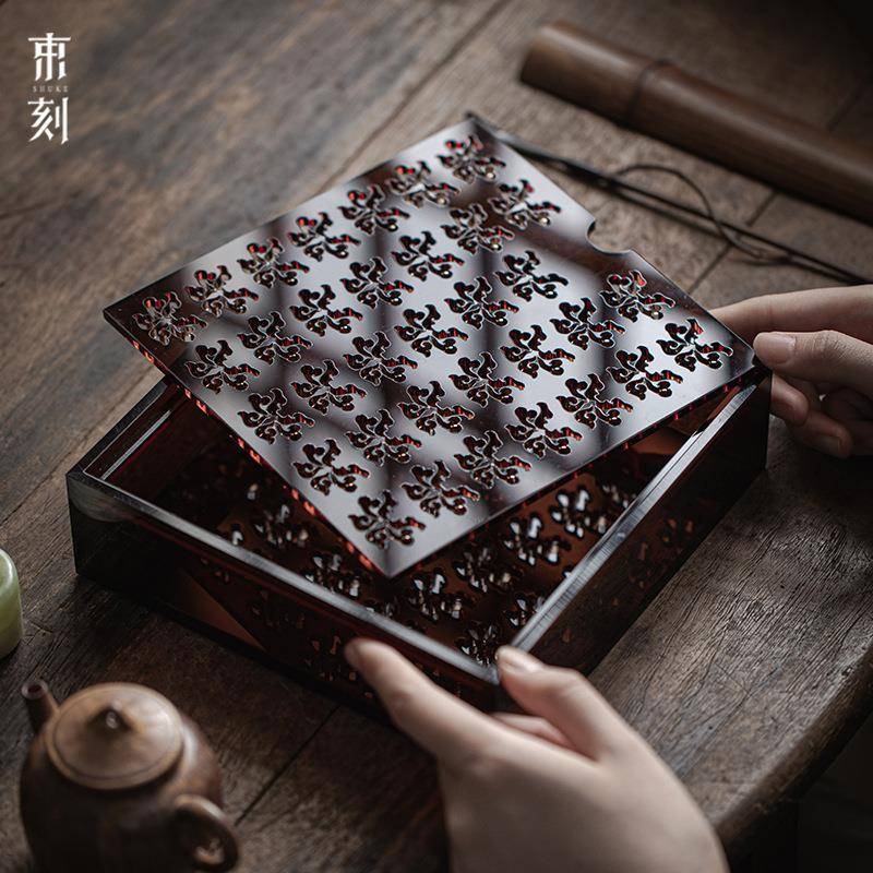 束刻亚克力蓄水壶承家用复古四方茶盘镂空小型干泡台茶壶盖碗托盘