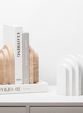 现代轻奢大理石书档摆件样板间书房几何洞石书立架装饰品展示柜书