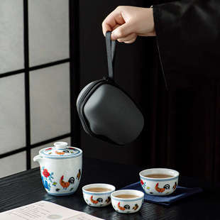旅行茶具户外一壶三杯快客杯泡茶壶商务茶具批发 斗彩鸡缸杯便携式