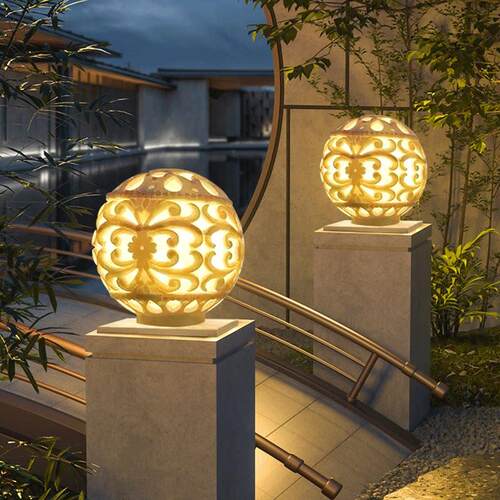 太阳能柱头灯户外防水别墅大门门柱灯庭院雕刻圆球灯花园围墙灯