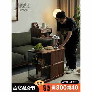 置物架小推车家用茶台可移动小茶几黑胡桃沙发边几边柜实木茶水柜