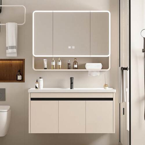 优质陶瓷一体盆小尺寸卫生间洗脸洗手蜂窝铝浴室柜全封美妆智能镜