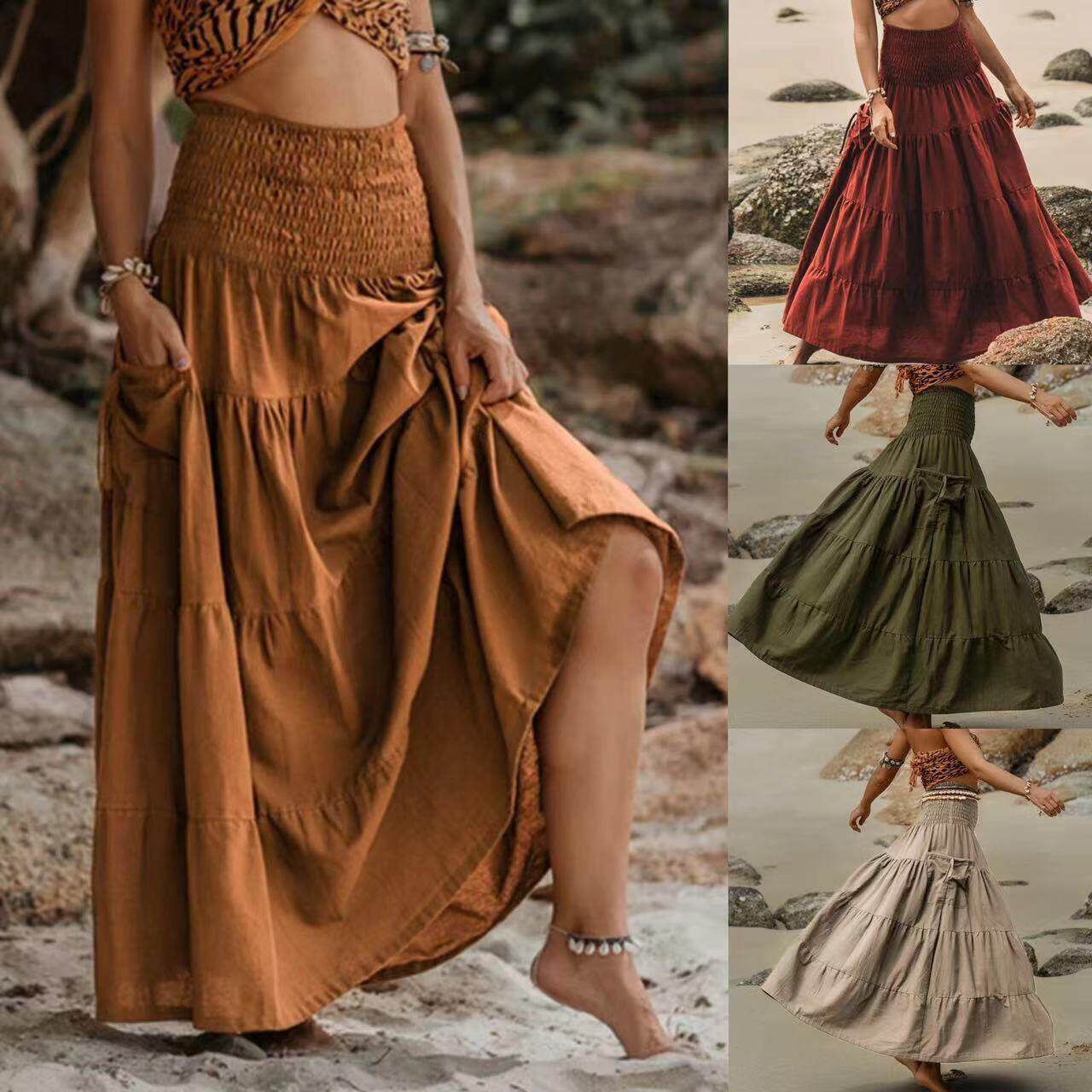 Women High Waisted Boho Ruffle Flowy Long Maxi Skirts 女长裙图片