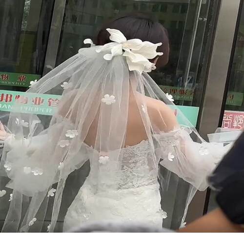 法式头纱新娘主婚纱森系珍珠花朵仙美旅拍照跟妆造型短款结婚领证