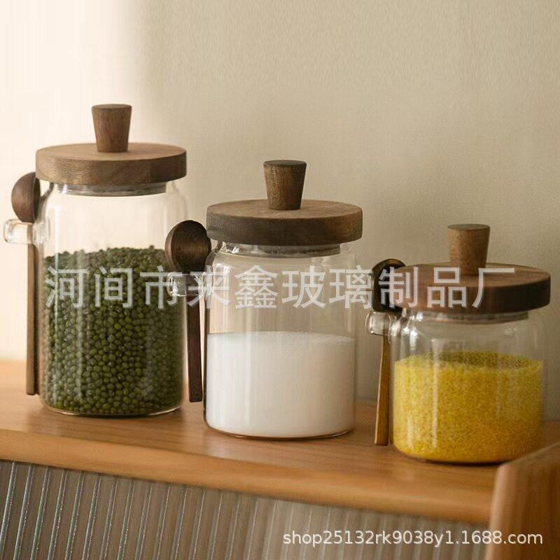 思木相玻璃密子封木勺透相思木盖明储糖物零食白咖啡豆硼硅