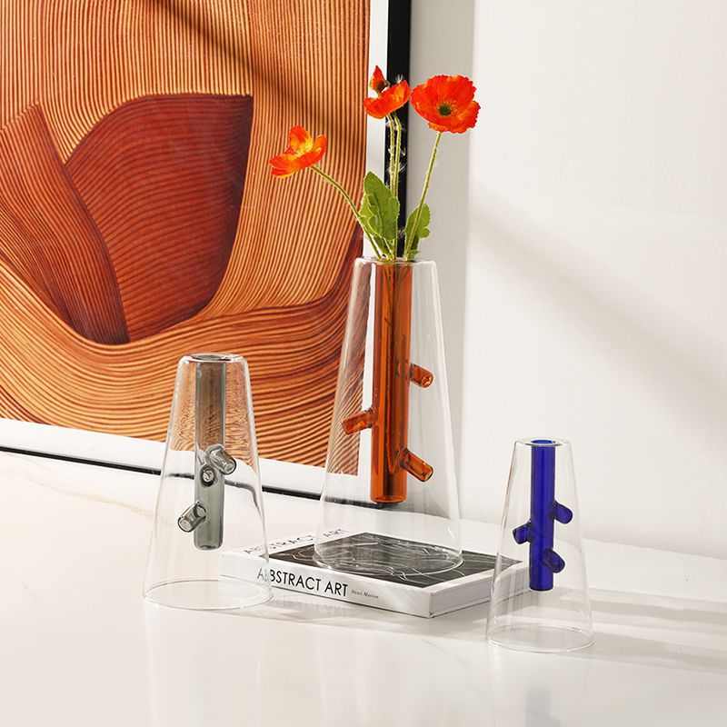 北欧 ins风创意彩色多枝玻璃花瓶样板间餐厅酒柜设计师装饰品摆件