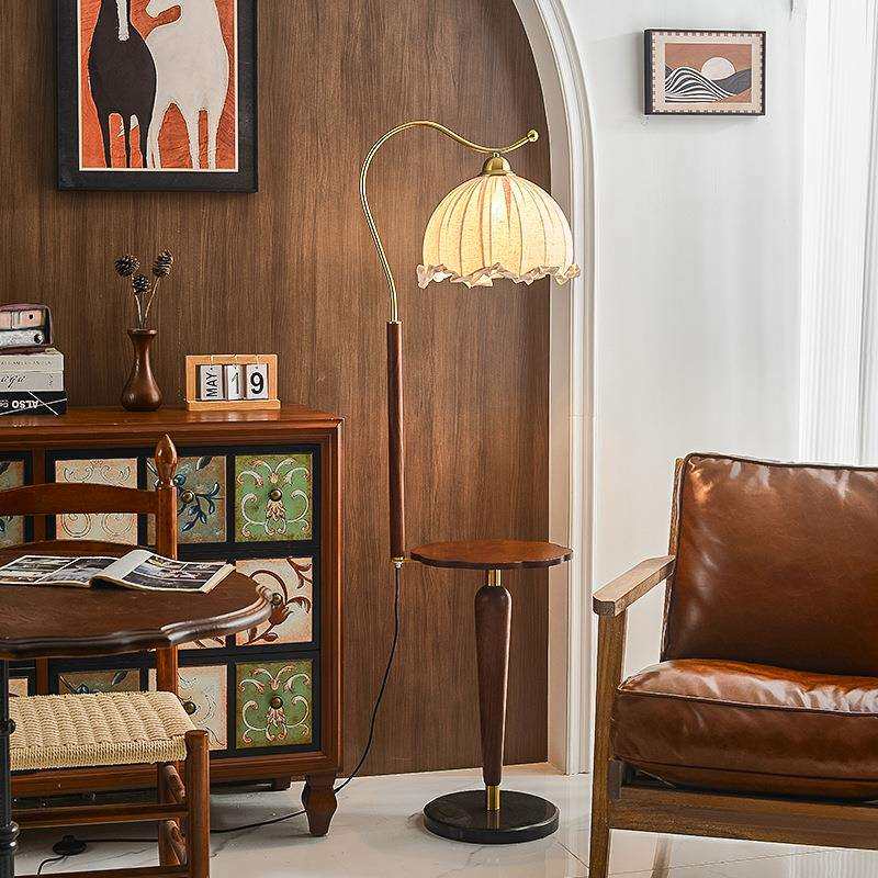 中古实木落地灯日式复古客厅沙发旁法式轻奢高级感卧室置物架台灯