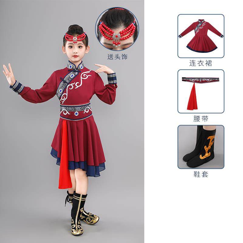 正品款蒙古服女童表演马演出服蒙古舞蹈白筷子舞新古袍少数蒙民族