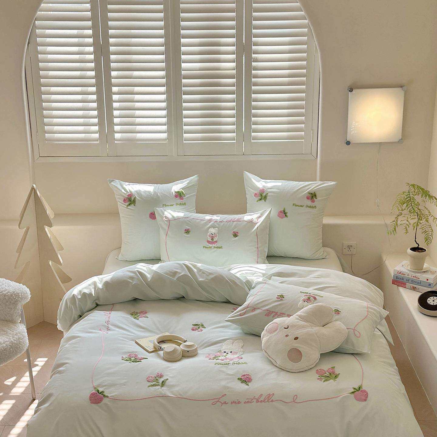 少女风爱心裸睡被套床单四件套全棉纯棉可爱1.2m新款粉色床上用品