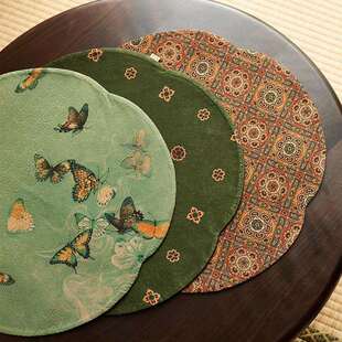 慢蓝茶席真丝香云纱海棠圆茶垫新式 中0000253禅意面布艺1桌双旗垫