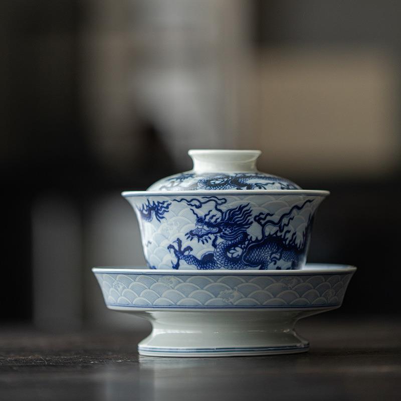 墨己仿 mjtc古胎高足 壶承元青花腾龙纹盖碗仿茶壶底托 茶道配件
