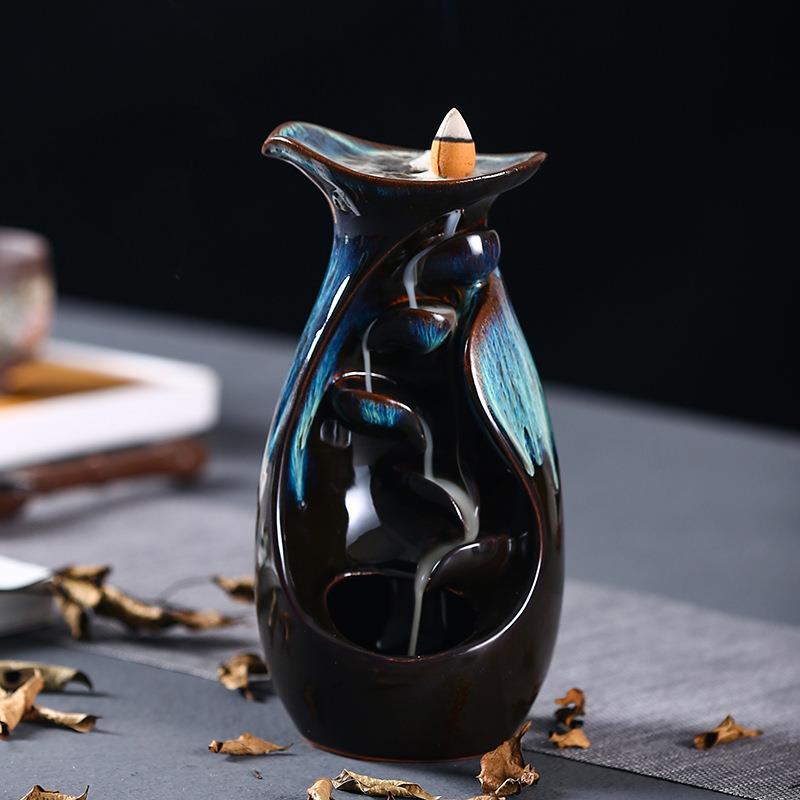 跨境新款陶瓷瑜伽摆件倒流香炉创意香插莲花荷叶倒流香炉厂家