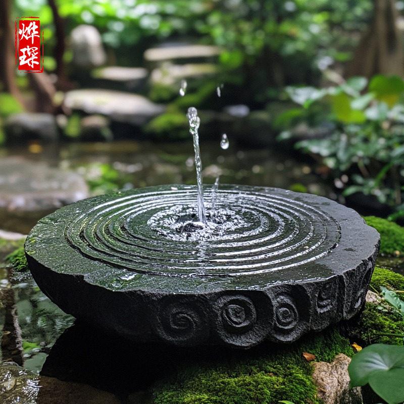 黑山石水钵加工流水石钵日式枯山水造景石庭院流水摆件喷泉水池