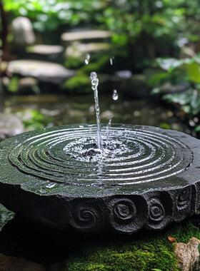 黑山石水钵加工流水石钵日式枯山水造景石庭院流水摆件喷泉水池