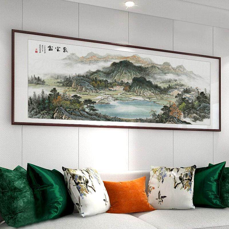 聚宝盆山水风景挂画流水生财字画办公室靠山图客厅沙发背景墙装饰