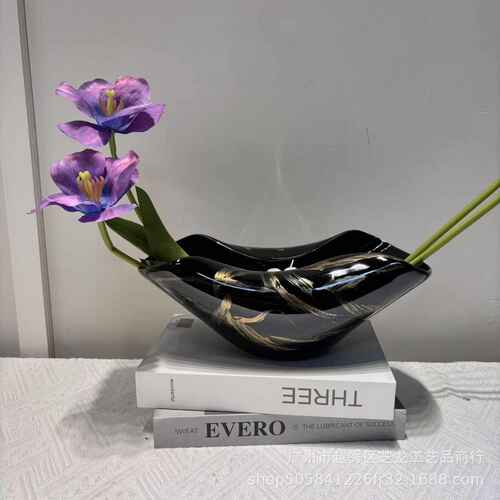 轻奢艺术手绘金线果盘高档客厅茶几撞色陶瓷收纳花器桌面装饰摆件
