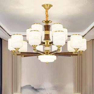 新中式 楼灯具 全铜客厅吊灯实木灯具大气中国风家用书房别墅复式