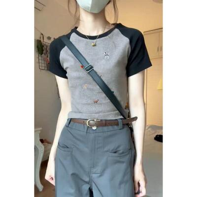 美式覆古甜辣妹插肩短袖T恤女夏季设计感独特别致正肩短款上衣