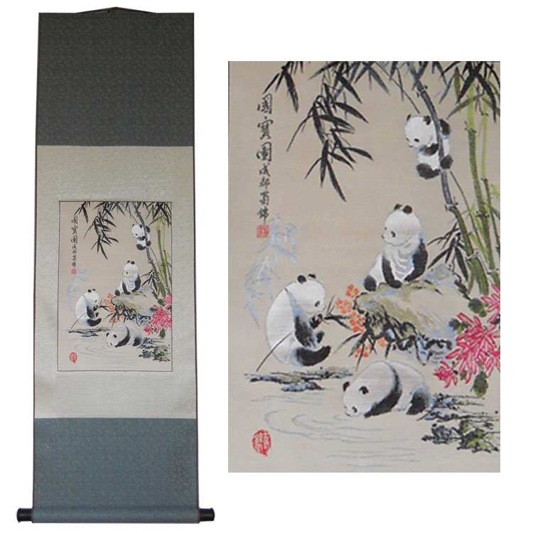 国宝写意四川古蜀锦桑蚕丝卷轴挂画织锦卷轴中国风熊猫外事礼品