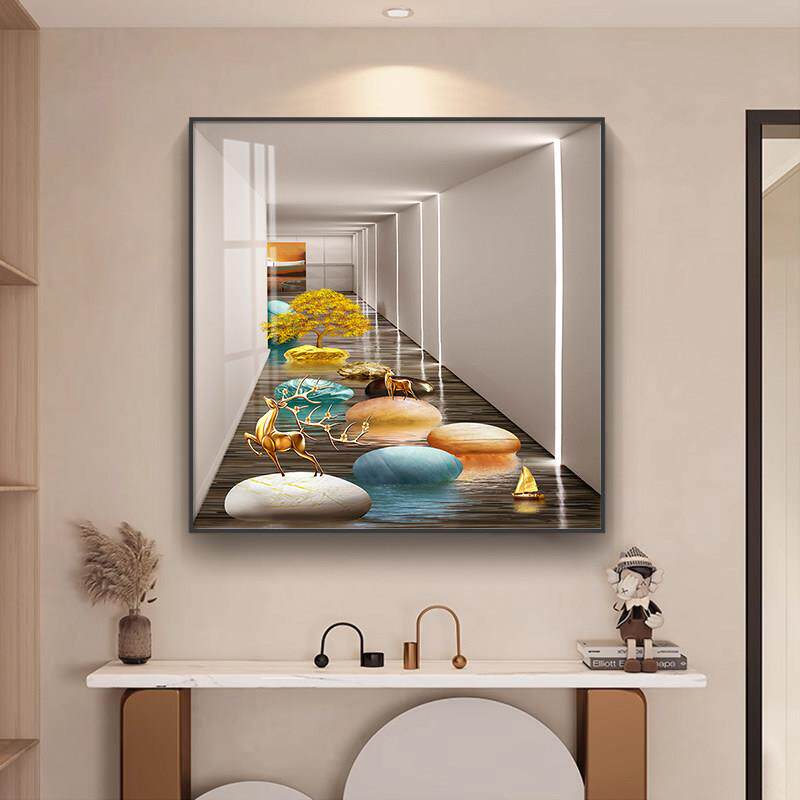 现代简约客厅装饰画 正方形玄关挂画 发财鹿主题70x70cm晶瓷镶钻