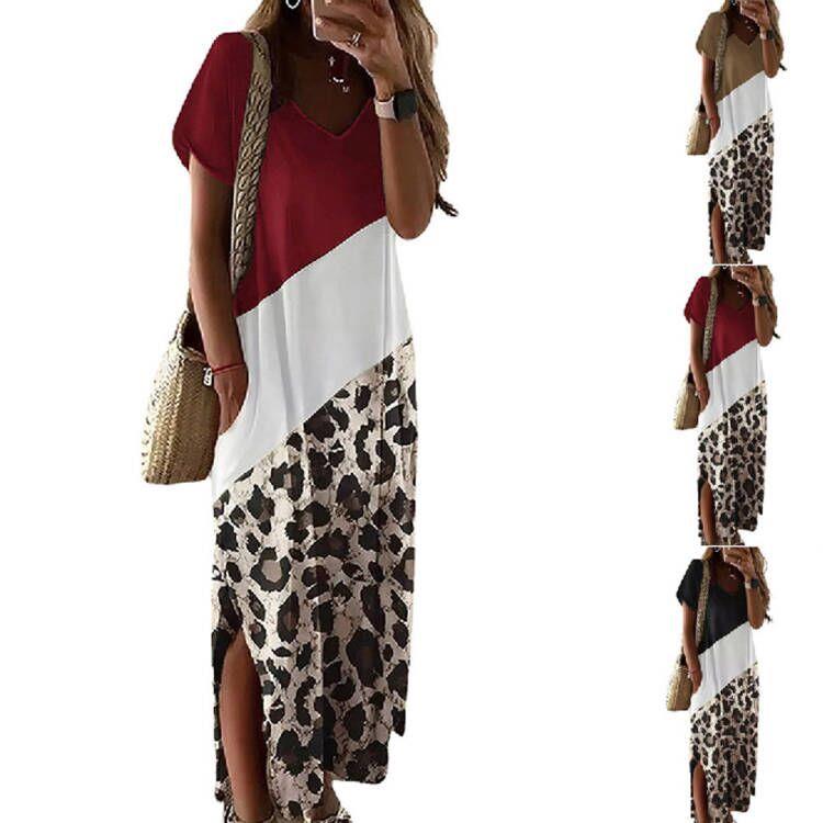 Womens leopard print color matching side slit shirt long