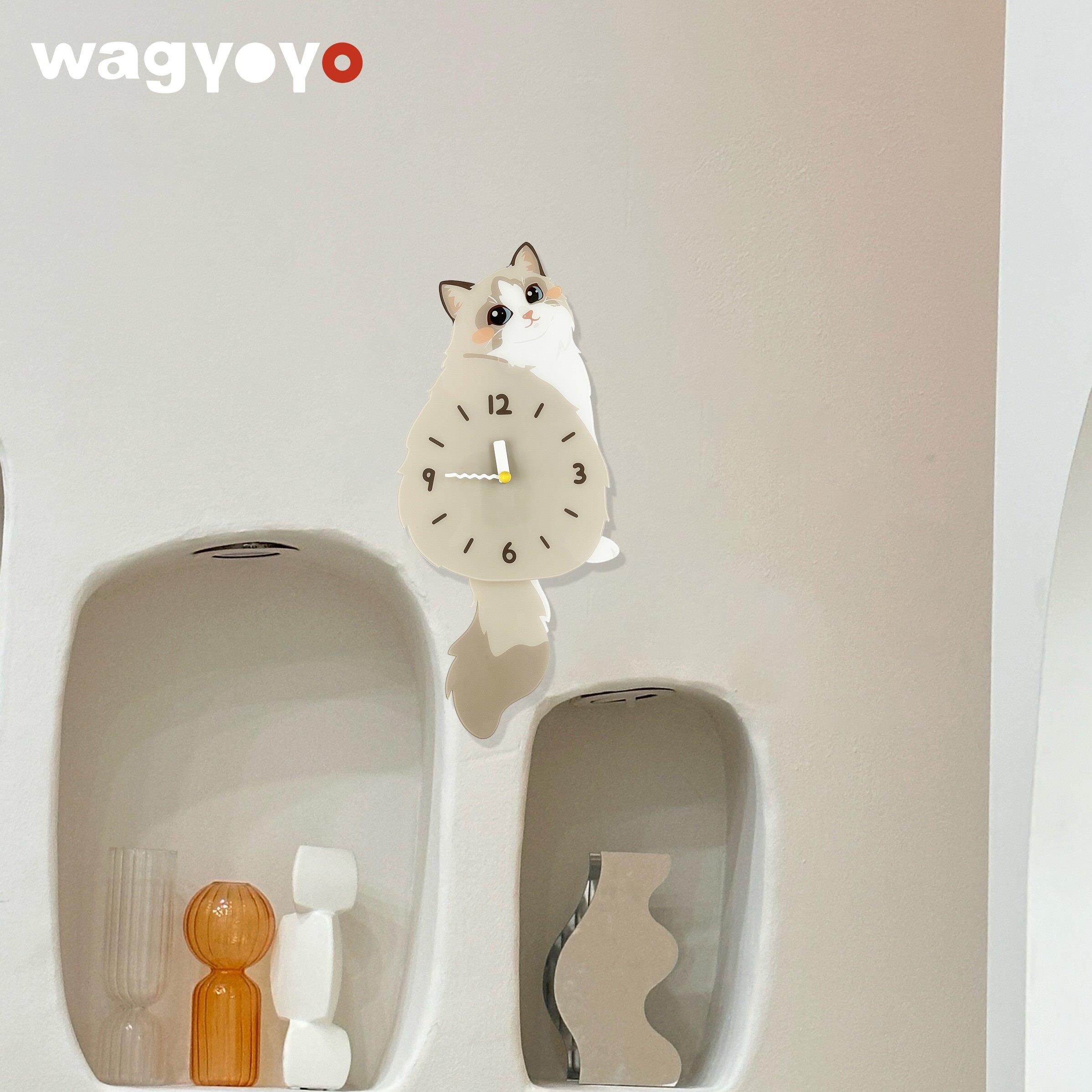 原创布偶猫挂钟小猫挂钟尾巴可摇摆创意钟表乔迁礼物静音挂钟