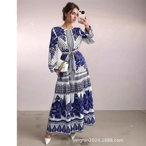 Floral Print Belted Ruffle Hem Dress Elegant Fashion Casual
