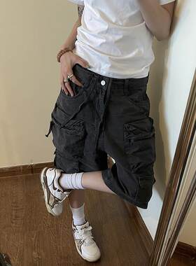 MMBBT水洗做旧工装短裤女夏季七分美式复古宽松口袋抽绳嘻哈裤子