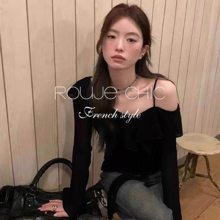 法国rouje chic春季黑色不规则一字领吊带t恤女法式防晒长袖上衣
